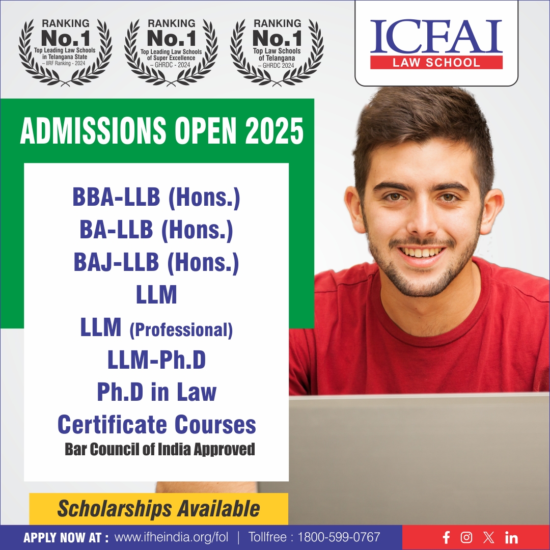 IcfaiLaw's tweet image. 🎓 ADMISSIONS OPEN 2025 – ICFAI LAW SCHOOL
✅ BBA-LLB (Hons.)
✅ BA-LLB (Hons.)
✅ BAJ-LLB (Hons.)
✅ LLM
✅ LLM (Professional)
✅ LLM-Ph.D
✅ Ph.D in Law
✅ Certificate Programs
👉 ifheindia.org/FOL/admissions…
📞 Toll-Free: 1800-599-0767
#ICFAILawSchool #LLB2025 #LLMPrograms