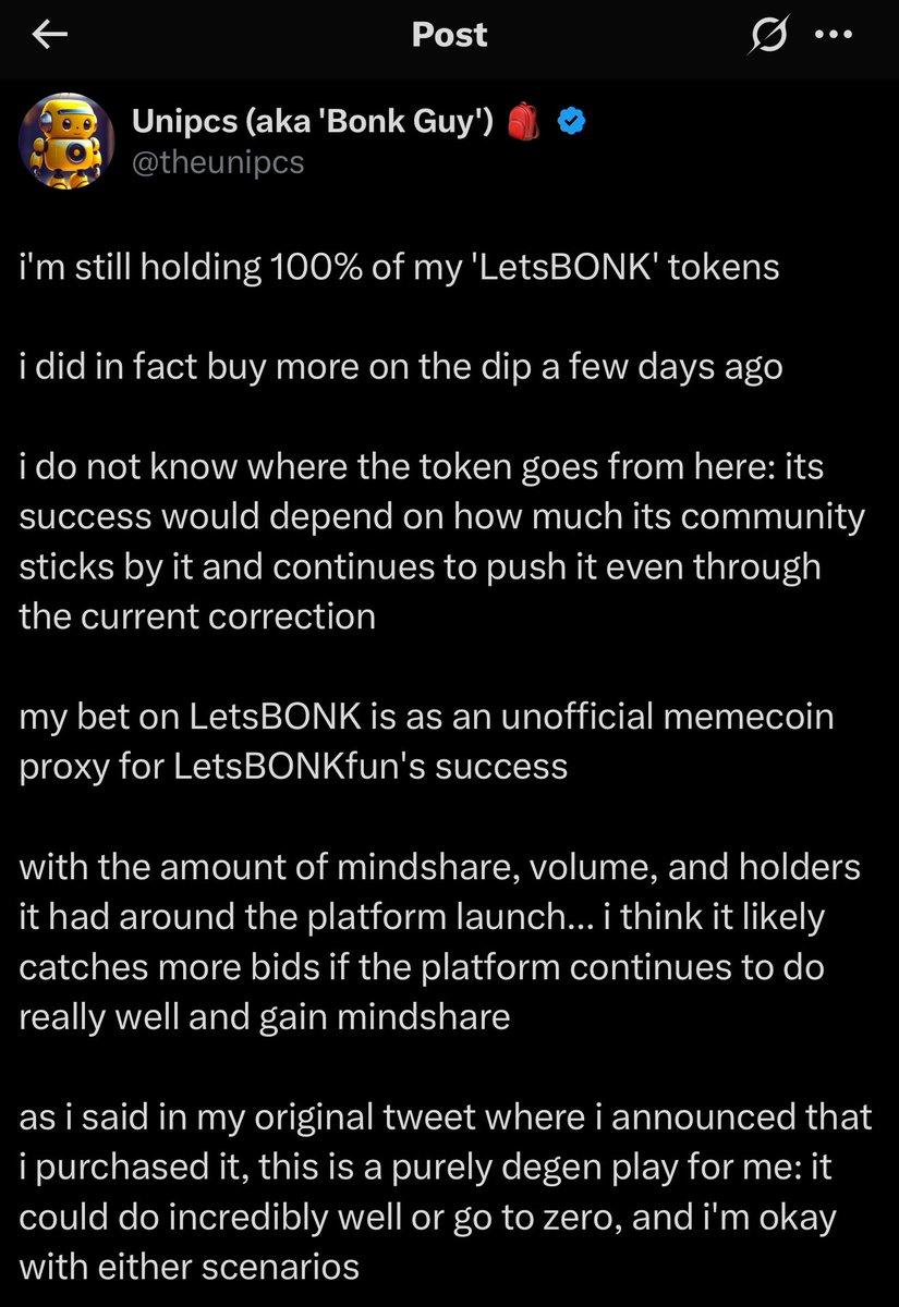 i like that many capitulated already on #letsbonk including KOLs &amp; early holders 

this one got 10k holders strong currently, the first <a href="/bonk_fun/">letsBONK.fun</a> runner with <a href="/theunipcs/">Unipcs (aka 'Bonk Guy') 🎒</a> 100% supporting this 

either we break or make it on this trade 

10x behind $HOSICO at this level 

i like the