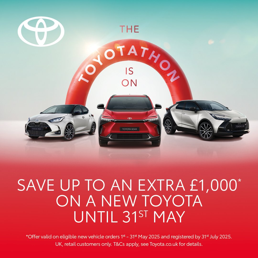 The race is on to get the best deal! 🏃‍♂️🏃‍♀️💨

The Toyotathon is on!

Extra savings until 31st May in addition to our great offers. 

Claim Your Offer at f.mtr.cool/rbetcnabmg

#toyotathon #toyotauk #nowon #race