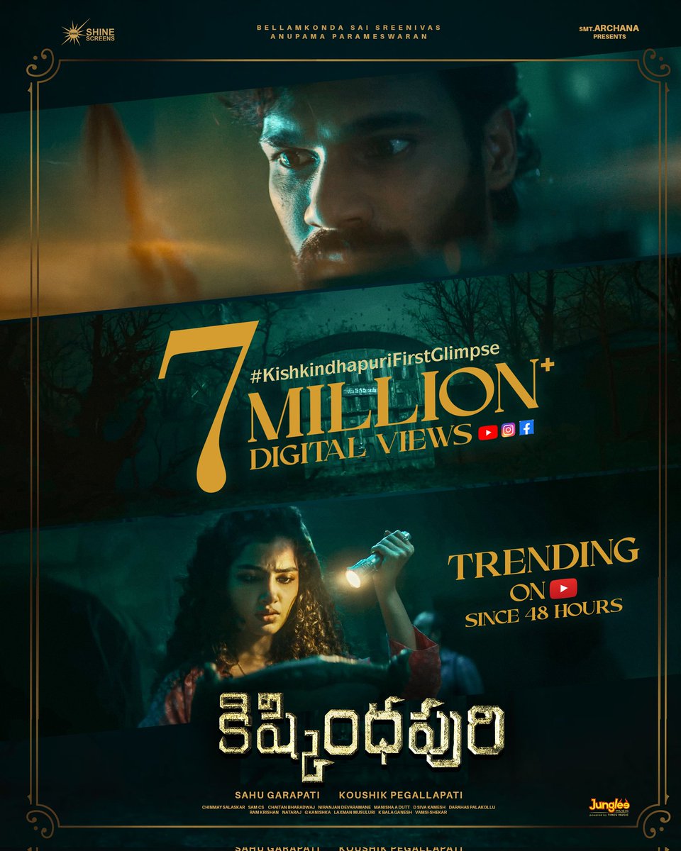 Shine Screens (@shine_screens) on Twitter photo CHILLING..THRILLING... TRENDING 💥💥
#KishkindhapuriFirstGlimpse hits 7️⃣M+ digital views and has been trending on YouTube since 2 days ❤🔥
🔗youtu.be/QqRT2YP10Fo
#Kishkindhapuri #BSS
<a href="/BSaiSreenivas/">Bellamkonda Sreenivas</a> <a href="/anupamahere/">Anupama Parameswaran</a> <a href="/Koushik_psk/">Koushik Pegallapati</a> <a href="/sahugarapati7/">Sahu Garapati</a> @Samcsmusic <a href="/chaitanmusic/">Chaitan Bharadwaj</a> CHILLING..THRILLING... TRENDING 💥💥
#KishkindhapuriFirstGlimpse hits 7️⃣M+ digital views and has been trending on YouTube since 2 days ❤🔥
🔗youtu.be/QqRT2YP10Fo
#Kishkindhapuri #BSS
<a href="/BSaiSreenivas/">Bellamkonda Sreenivas</a> <a href="/anupamahere/">Anupama Parameswaran</a> <a href="/Koushik_psk/">Koushik Pegallapati</a> <a href="/sahugarapati7/">Sahu Garapati</a> @Samcsmusic <a href="/chaitanmusic/">Chaitan Bharadwaj</a>
