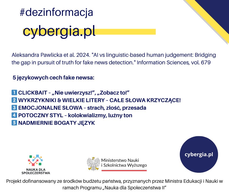 Czy zdarzyło Ci się kliknąć nagłówek tylko po to, by zorientować się, że to… fake news?
Sztuczna inteligencja i nasza intuicja językowa wykrywają dezinformację już na etapie nagłówka cybergia.pl <a href="/MNiSW_GOV__PL/">Ministerstwo Nauki i Szkolnictwa Wyższego</a>