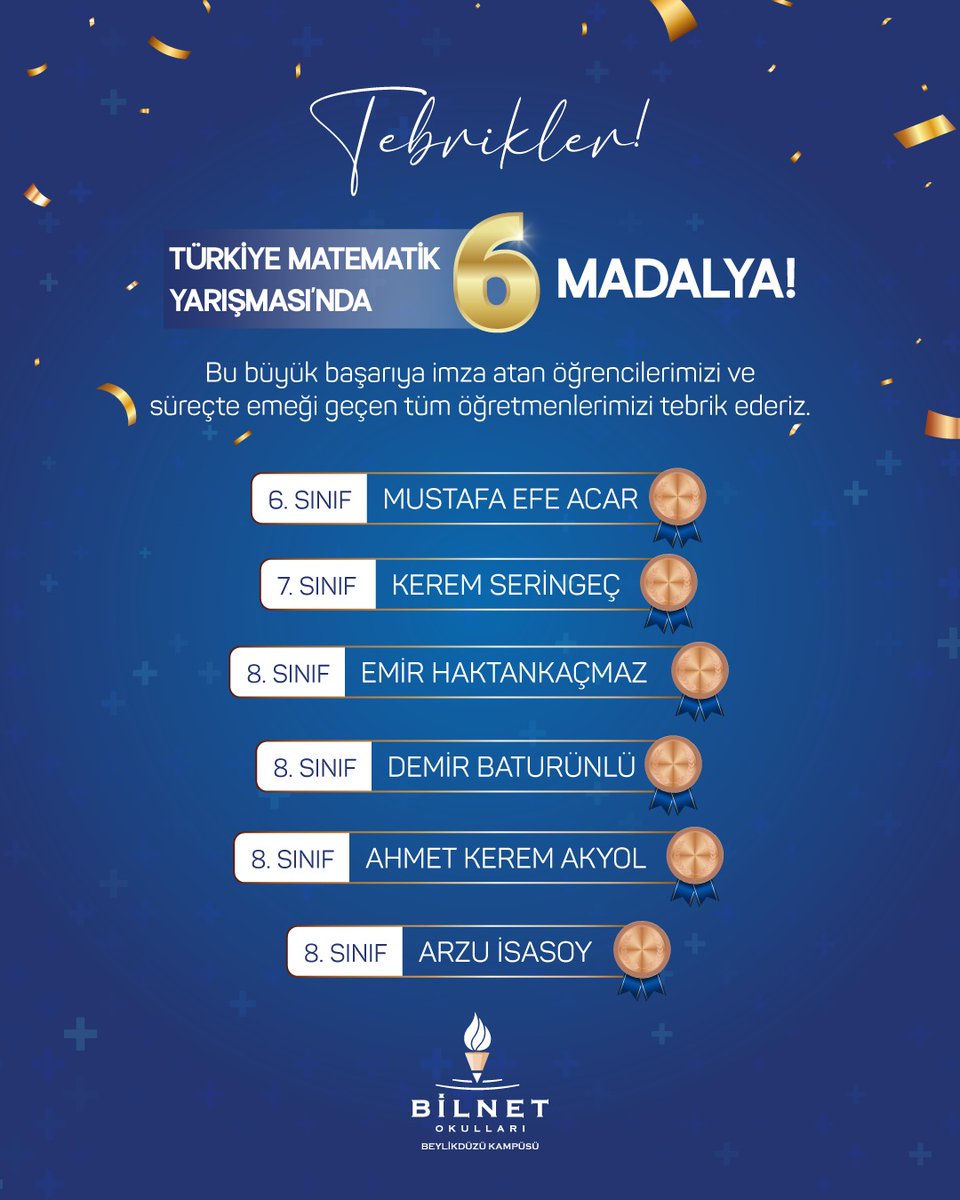 TEBRİKLER!
Okullarımız, Türkiye Matematik Yarışması’nda 40 madalya kazandı. Bu büyük başarıya imza atan öğrencilerimizi ve süreçte emeği geçen tüm öğretmenlerimizi tebrik ederiz.

#BilnetOkulları #Matematik #TürkiyeMatematikYarışması #Mathematics