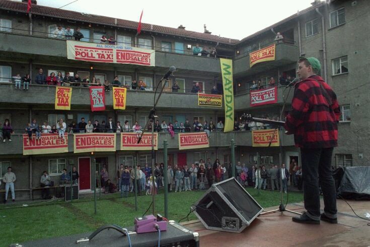 Billy Bragg in concert at Cranhill, Glasgow. May Day, 1989.