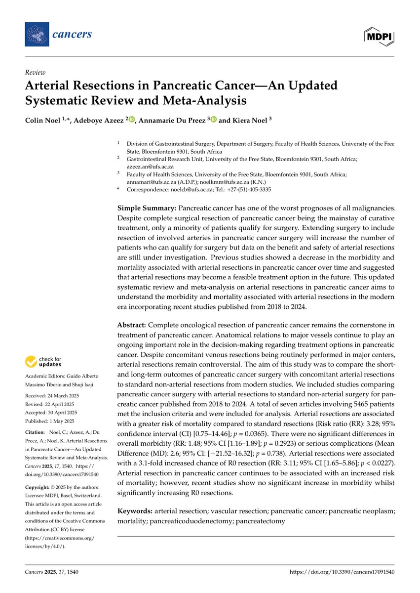 colinbnoel's tweet image. Arterial Resections in Pancreatic Cancer—An Updated Systematic Review and Meta-Analysis mdpi.com/3295350 #mdpicancers via @Cancers_MDPI * = overall morbidity, * 3-fold increase in R0 resections, *Increased Mortality compared to standard resections @EAHPBA @IHPBA @AHPBA