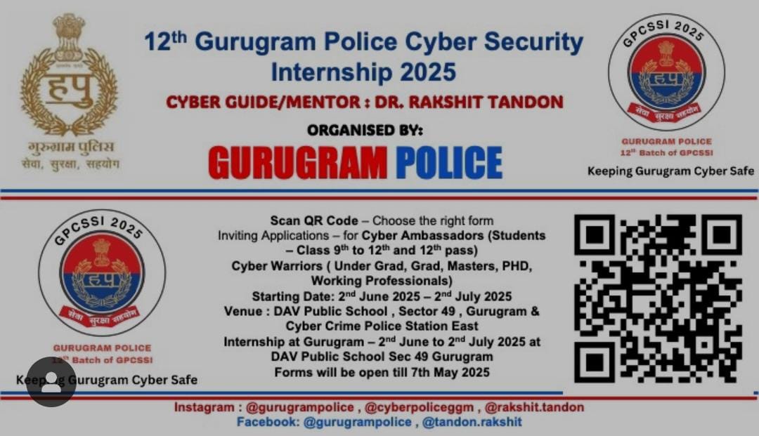 Shyam__0708's tweet photo. 12th Gurugram Police Cyber Security Internship 2025.
Registration link:
https://t.co/3BoEt458WX https://t.co/ecRHlj6JwP