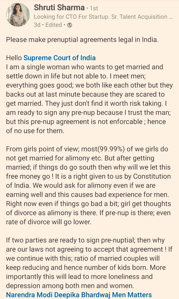 Rational Women are now asking for Pre-Nuptial agreements to be legalised in India. Need of the Hour

Brilliant post by Shruti Sharma

<a href="/arjunrammeghwal/">Arjun Ram Meghwal</a> <a href="/MinistryWCD/">Ministry of WCD</a> <a href="/MLJ_GoI/">Ministry of Law and Justice</a>