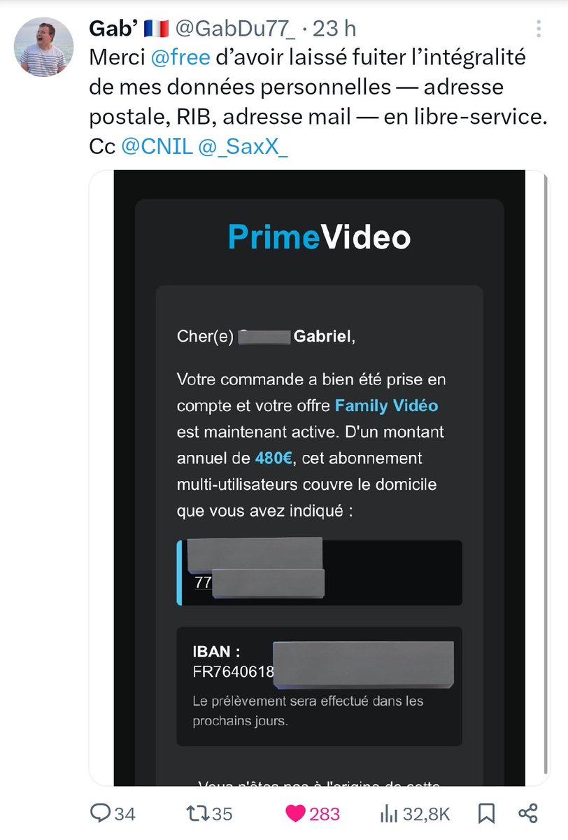 Les 19.2M de données + 5M d'IBAN de la cyberattaque de FREE sont utilisées dans une arnaque nationale visant Amazon prime video !

Les arnaqueurs vous font croire à un abonnement souscrit d'un montant de 480€ !

Le mail, très bien léché, comporte votre nom + prénom, votre