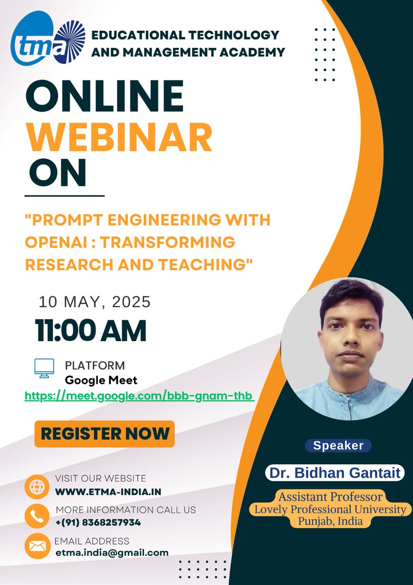 📢 Online Webinar Announcement

Topic: Prompt Engineering with OpenAI: Transforming Research and Teaching
Date: 10 May 2025 (Saturday)
Time: 11 AM
Mode: Online
Platform: Google Meet
Joining Link: meet.google.com/bbb-gnam-thb
Registration Link: docs.google.com/forms/d/e/1FAI…