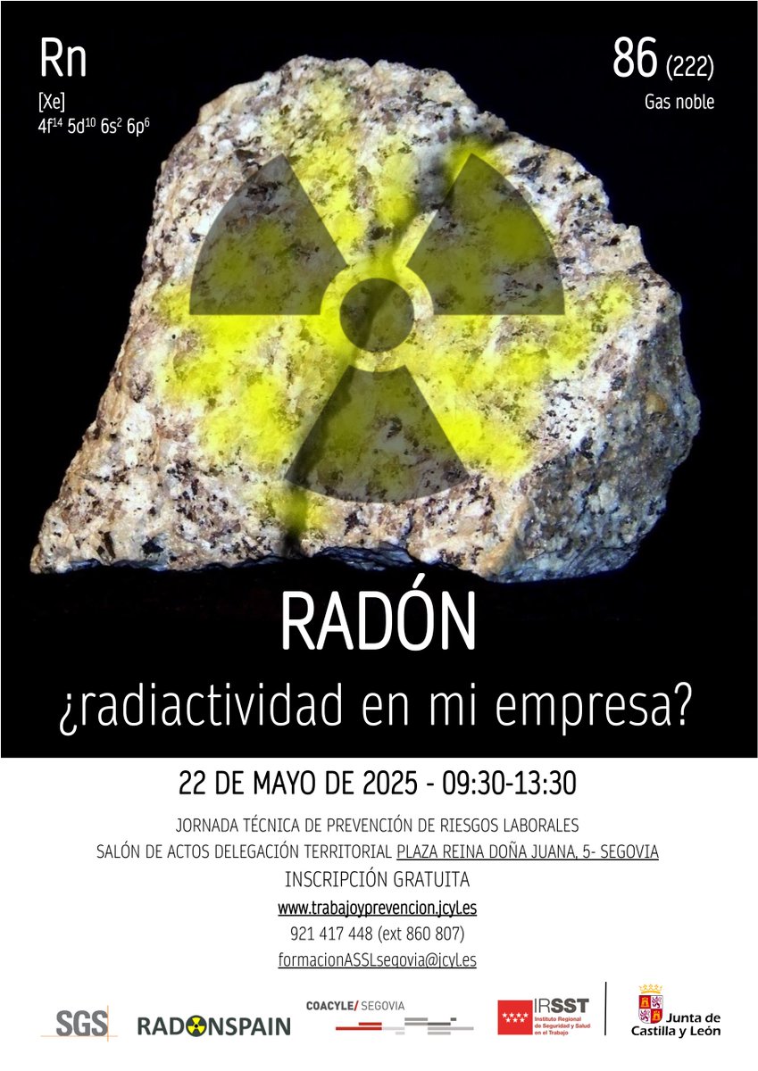 Estaremos en la Jornada Técnica "Radón. ¿Radiactividad en mi empresa?" en Segovia. 22 de mayo. <a href="/prevencionjcyl/">Trabajo y Prevención Castilla y León</a>  trabajoyprevencion.jcyl.es/web/jcyl/Traba…