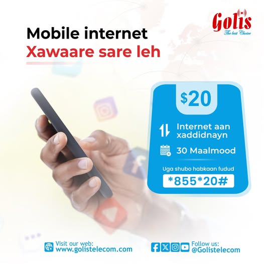 GolisTel's tweet photo. Macaamiisheenna, ka faa'iidaysta lnternet xawaare sare leh.
#golistelecom
#IsgaarsiiniWaaGolis
#InternatXawaaresareleh. https://t.co/rCWgFPnSSm