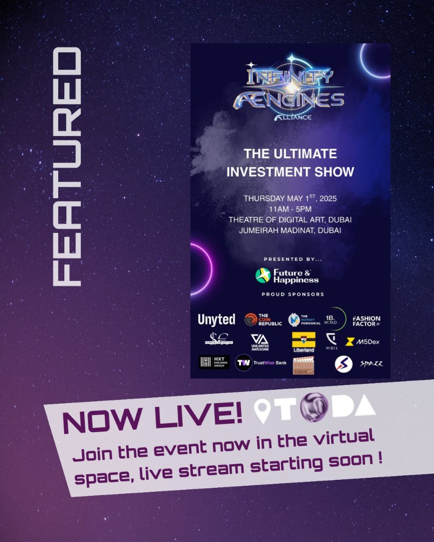 🚨 LIVE NOW!
Join the Infinity Ængines Investment Show <a href="/todadubai/">Todadubai</a>  —virtually! 🎥 Livestream starting soon in our 3D ToDA Space powered by @UnytedWorld Join Now! 
👉 bit.ly/3EG5u0o (using Laptop)
#Token2049 #InfinityAengines #VirtualEvent #Web4 #ToDADubai