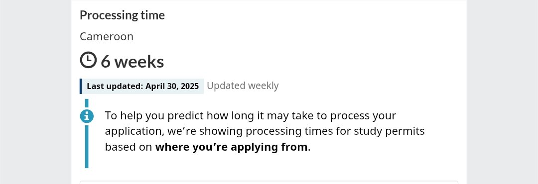 GCMSWriters's tweet photo. As updated on 30th April 2025, the current Canadian🇨🇦 study permit processing time for:

• Nigeria and Cameroon is 6 weeks

• Tanzania is 16 weeks

• Ghana is 7 weeks

• United Kingdom is 4 weeks

Best of luck to all applicants! https://t.co/5Xyxs26jfo