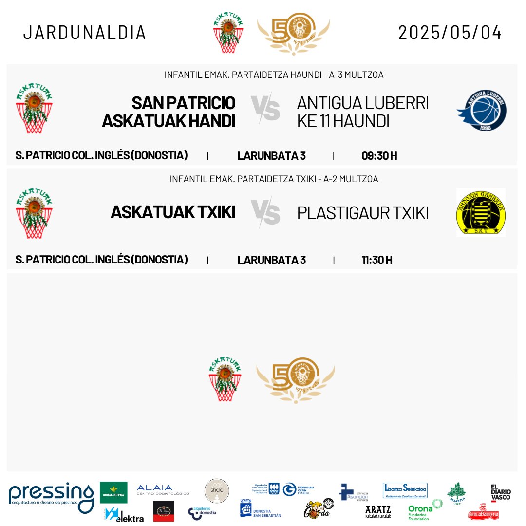 📅JARDUNALDIA - JORNADA 04/05/2025                        

📷Hau da gure taldeen jardunaldia asteburu  honetarako.                       
📷Esta es la jornada de nuestros equipos este fin de semana.

#NiNaizAskatuak #GuGaraAskatuak
<a href="/fgbaloncesto/">GSF</a>
<a href="/FBasketbasko/">Foro Basketbasko</a>