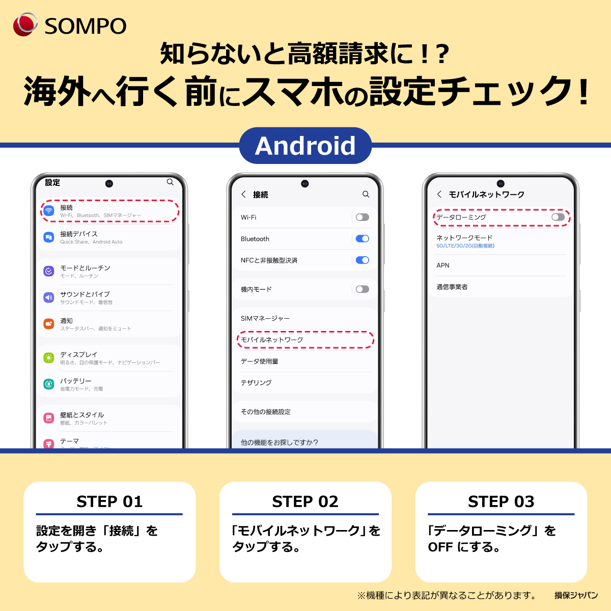＼✈️海外旅行前に要チェック／
スマホの「データローミング」設定📱

データローミングが ON のままモバイル通信を使うと、
海外でネットを使ったときに高額な通信料が発生してしまう可能性が😱💸

データローミングが OFF になっているか、
忘れずに出発前にスマホの設定を確認してね🔍

#海外旅行