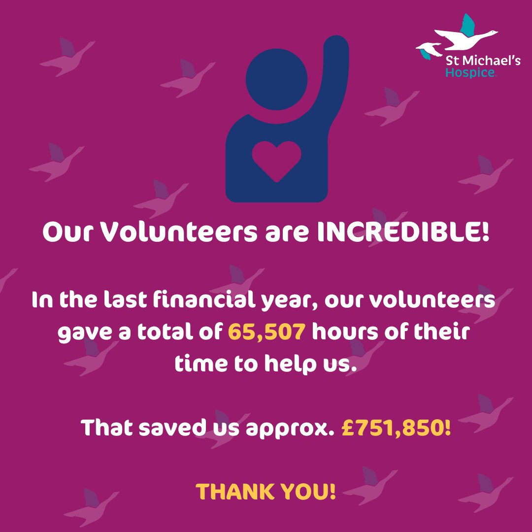 smhbasingstoke's tweet photo. Last year* our amazing volunteers gave 65,507 hours to help run our services. From volunteering in our shops or on the In-Patient Ward, to helping at bucket collections and our events. THANK YOU!!
(*1 Apr 24 - 31 March 25) https://t.co/Gkd412ct37