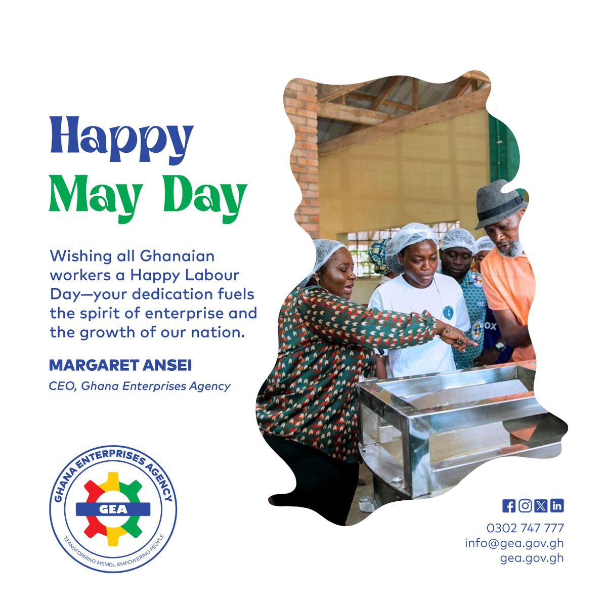 Happy May Day! Today, we honour the hard work and dedication of every Ghanaian worker. Your commitment drives enterprise and fuels national growth. Thank you for all you do!
#MayDay #LabourDay #EmpoweringSMEs #GhanaEnterprisesAgency