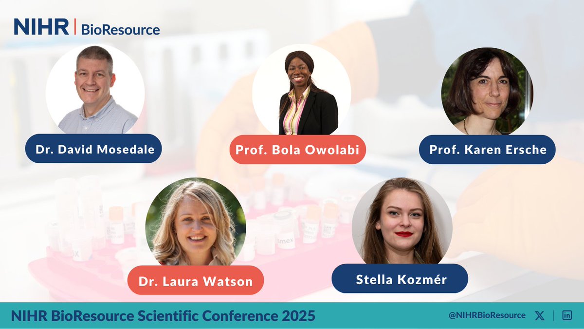 NIHR BioResource (@nihrbioresource) on Twitter photo Our Scientific Conference on 25 June shines a light on cutting-edge research from the speakers below & the role of the BioResource 👩🔬🧪
Interested? Click below to register ⬇️
ow.ly/8zxe50VJN39
<a href="/BolaOwolabi8/">Bola Owolabi</a>
<a href="/NatK1ngston/">Nathalie Kingston</a>
<a href="/laurawatson1986/">Laura Watson</a>
<a href="/kozmer_stella/">Stella Kozmér</a>
<a href="/CambridgeCRF/">NIHR Cambridge CRF</a> Our Scientific Conference on 25 June shines a light on cutting-edge research from the speakers below & the role of the BioResource 👩🔬🧪
Interested? Click below to register ⬇️
ow.ly/8zxe50VJN39
<a href="/BolaOwolabi8/">Bola Owolabi</a>
<a href="/NatK1ngston/">Nathalie Kingston</a>
<a href="/laurawatson1986/">Laura Watson</a>
<a href="/kozmer_stella/">Stella Kozmér</a>
<a href="/CambridgeCRF/">NIHR Cambridge CRF</a>