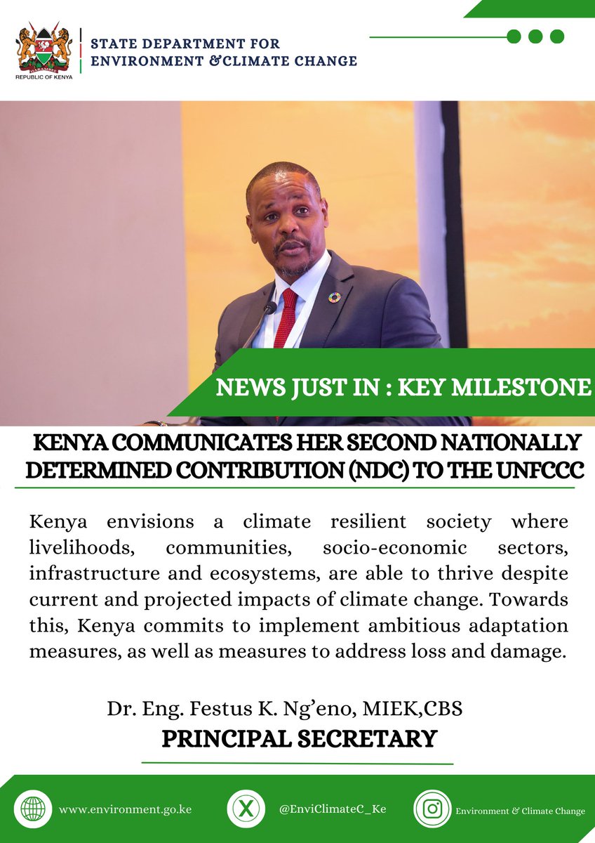 EnviClimateC_Ke's tweet image. Kenya envisions a climate resilient society where livelihoods, communities, socio-economic sectors, infrastructure and ecosystems, are able to thrive despite current and projected impacts of climate change ~PS Dr Ng'eno #NewNDC  #EmissionReduction #ClimateAction