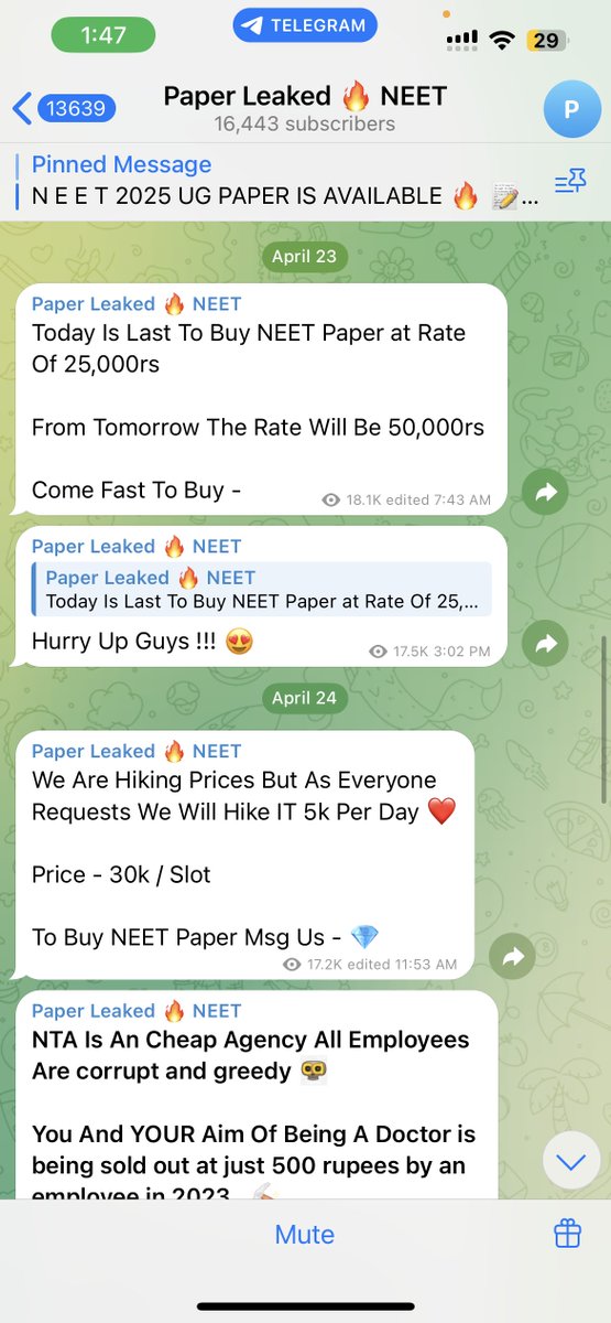 Divukataria's tweet photo. 🚨 NEET 2025 LEAK WARNING! 📷A Telegram channel is openly claiming to leak NEET 2025 UG paper. Screenshots attached — if even 1% is true, this threatens the future of lakhs of students!
@NTA_Exams
@PMOIndia
@RahulGandhi
@NMC_IND
@Cyberdost
@BJP4India @RVCJ_FB @news24tvchannel https://t.co/mVhjgoLsQt