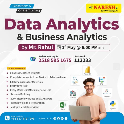 JNareshit511's tweet photo. 👉 FREE Masterclass on Data Analytics &amp; Business Analytics
✍️ Register for free :https://t.co/j53KMaUBgQ
📍 Join us at Naresh i Technologies, Ameerpet Branch OR Classroom &amp; Online!
NareshIT #AnalyticsTraining #PowerBI #Tableau #SQLBootcamp #PythonAnalytics #CareerTraining #MockIn https://t.co/0WsTrLlj7j