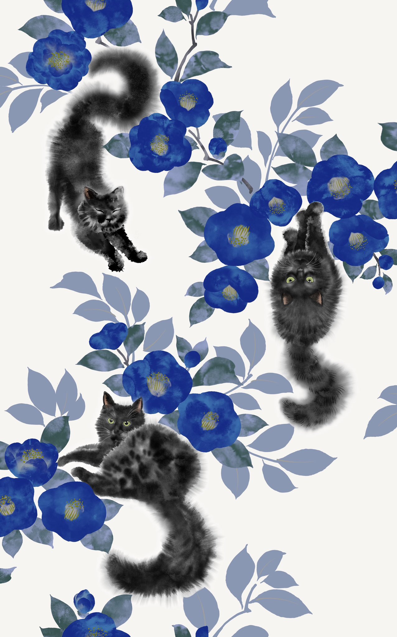 ふりふ　水墨猫　浴衣 ラスト1点】浴衣単品「 水墨猫 」(FREE ダークレッド): ふりふ