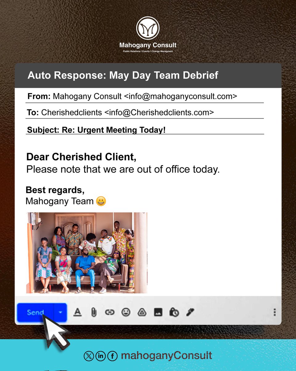 Yep! We are out for the holiday.
But we will be back soon, energised, to launch your next project. Don't miss us too much ☺️.
#mayday 
#MayDay2025
#mahoganyconsult 
#AddingValue