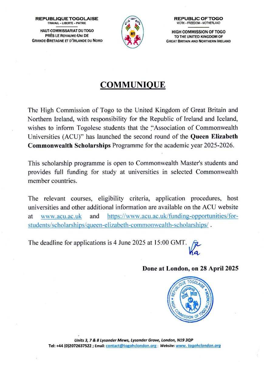 Queen Elizabeth Commonwealth Scholarship 2025-2026