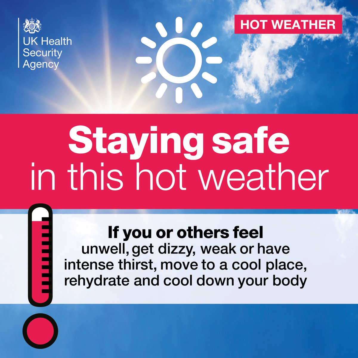 Stay safe in the hot weather. If you or others feel unwell, get dizzy, feel weak, anxious or have intense thirst, move to a cool place, rehydrate and cool your body down. Find more information: ow.ly/9ij850VKkVk

#WeatherAware