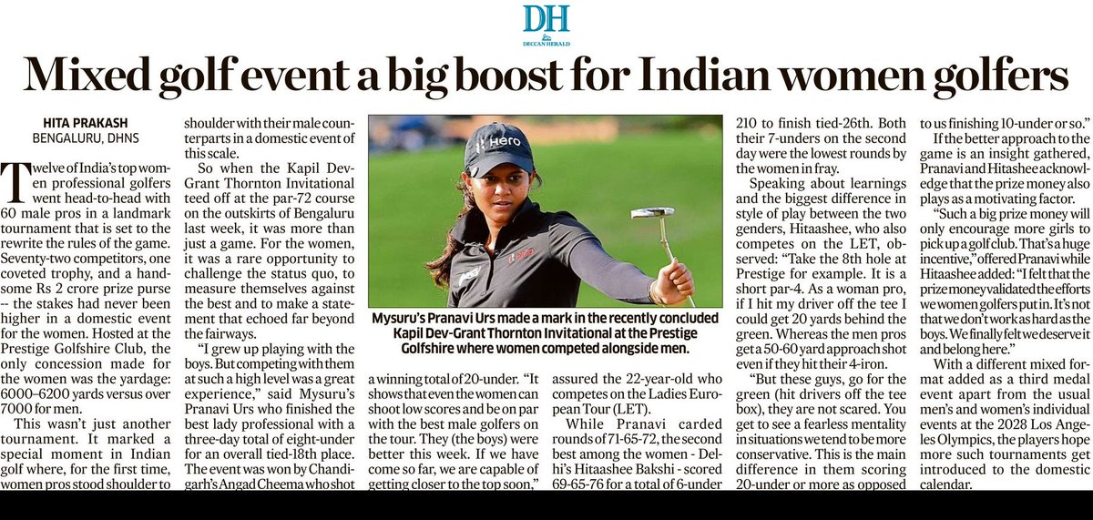 Hita Prakash (@hitaprakash) on Twitter photo The Kapil Dev-Grant Thronton Invitational became the first domestic professional event where women pros went head-to-head with their male counterparts. Mysuru's Pranavi Urs ended as the best lady golfer at tied-18th.
<a href="/DeccanHerald/">Deccan Herald</a> <a href="/KDGT_golf/">Kapil Dev - Grant Thornton</a> <a href="/pgtofindia/">PGTI</a>
deccanherald.com/sports/other-s… The Kapil Dev-Grant Thronton Invitational became the first domestic professional event where women pros went head-to-head with their male counterparts. Mysuru's Pranavi Urs ended as the best lady golfer at tied-18th.
<a href="/DeccanHerald/">Deccan Herald</a> <a href="/KDGT_golf/">Kapil Dev - Grant Thornton</a> <a href="/pgtofindia/">PGTI</a>
deccanherald.com/sports/other-s…