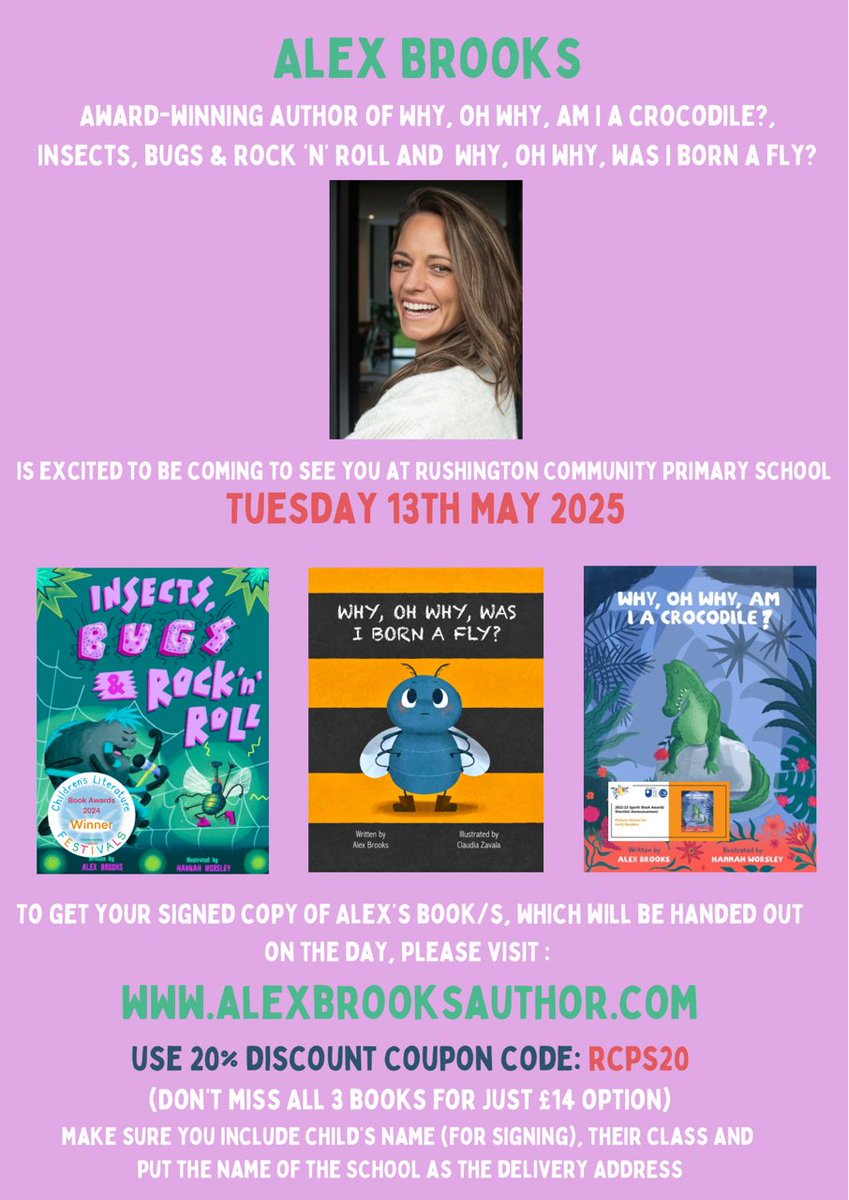 RustingtonCPS's tweet image. We are very excited to announce on Tuesday 13th May author Alex Brooks will be visiting us for an assembly for years 1,2 and 3.
She will also be offering a discount to purchase all 3 of her books for just £14!
📚✒️