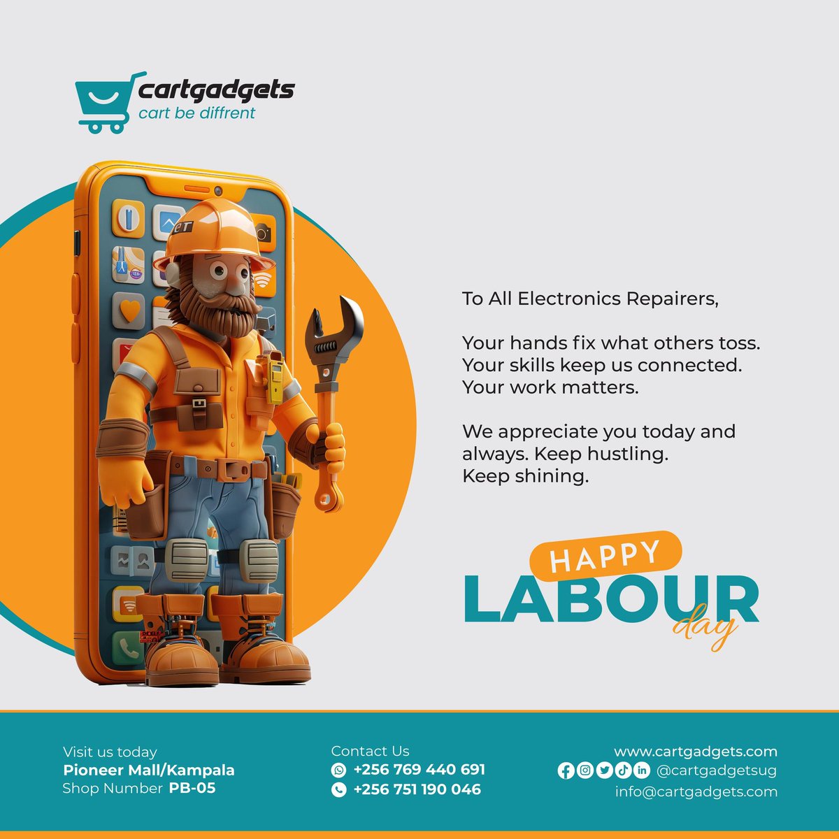 Today, we salute the hands that fix, the minds that create, and the hearts that never quit. 
Happy Labour Day to all electronics heroes, your work powers our world! 
#LabourDay #CartGadgets #TechHeroes #KeepShining