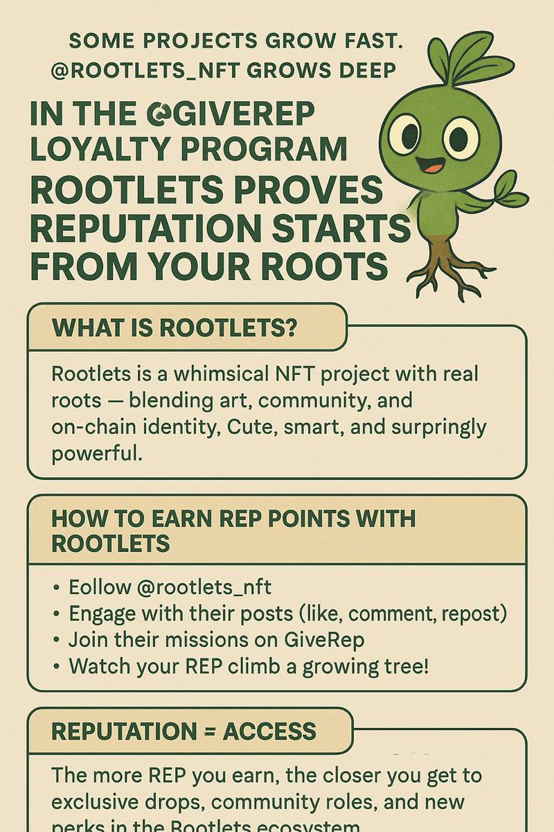 ckdr46's tweet photo. Some projects grow fast.
@rootlets_nft grows deep.
In the @GiveRep loyalty program, Rootlets proves reputation starts from your roots.
Earn points, grow your name, and claim what you deserve.
#Rootlets #GiveRep #Web3Loyalty
1. What is Rootlets?
Rootlets is a whimsical NFT project with real roots — blending art, community, and on-chain identity. Cute, smart, and surprisingly powerful.
2. Why It’s in the Loyalty Program:
Rootlets joined the @GiveRep program to reward true engagement.
If you interact, you grow — literally and reputationally.
3. How to Earn REP Points with Rootlets:
• Follow @rootlets_nft
• Engage with their posts (like, comment, repost)
• Join their missions on GiveRep
• Watch your REP climb like a growing tree!
4. Reputation = Access:
The more REP you earn, the closer you get to exclusive drops, community roles, and new perks in the Rootlets ecosystem.