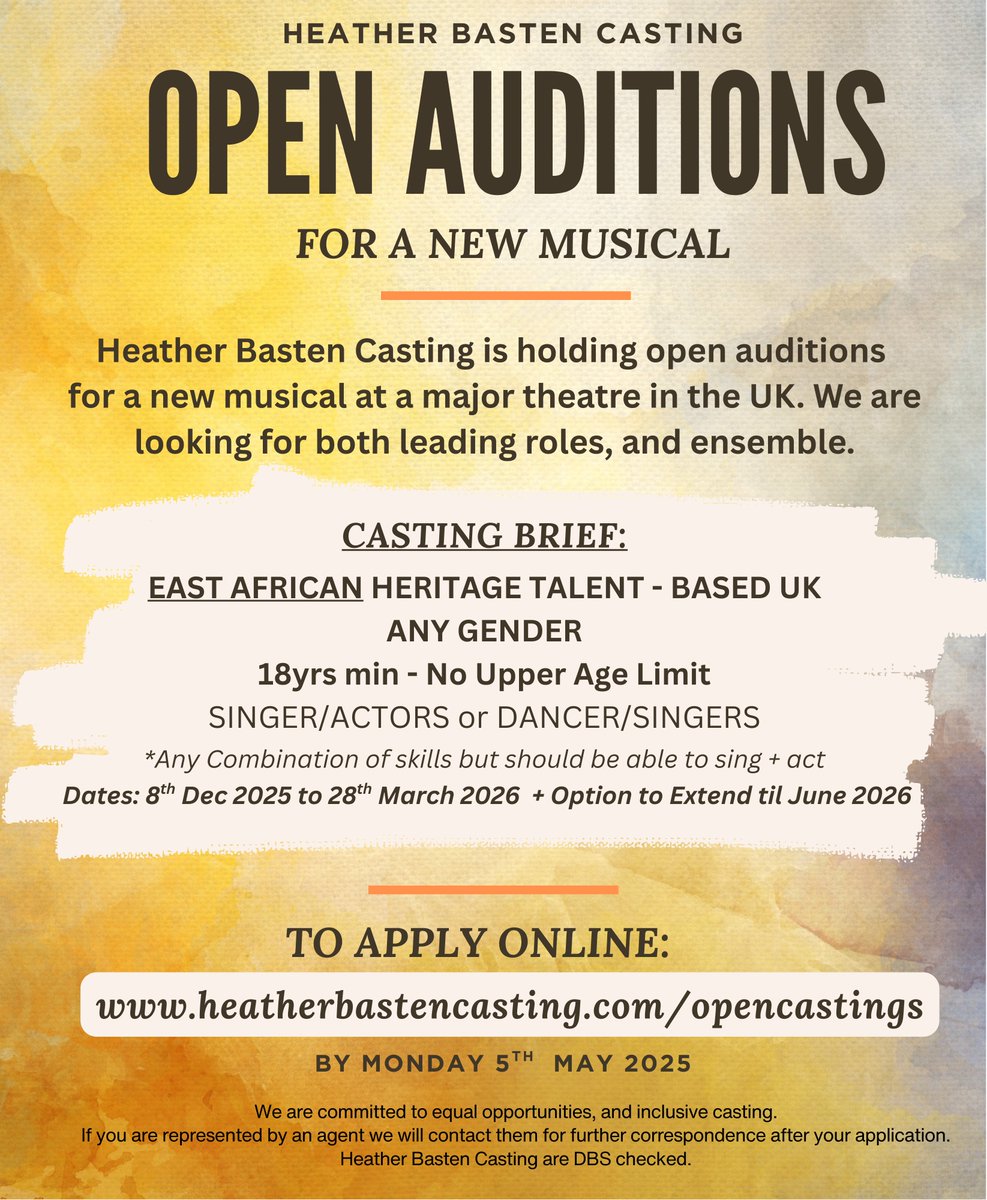 OPEN AUDITIONS 📢: For a NEW MUSICAL at a major theatre in the UK. We are looking for East African Heritage Talent for both leading roles, and ensemble in a new musical. 🎵🎵🎵

To Apply: heatherbastencasting.com/opencastings
