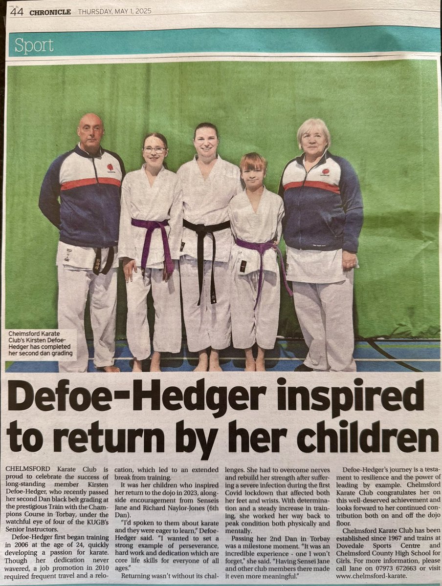 Amazing News today we are in <a href="/essexchronicle/">Essex Chronicle</a> as Kirsten Defoe-Hedger passed her 2nd Dan Blackbelt.  Well done! <a href="/ActiveEssex/">ActiveEssex</a> <a href="/ChelmsCouncil/">Chelmsford City Council</a> <a href="/BBCEssexSport/">BBC Sport Essex</a> <a href="/CCHS4GPE/">CCHSPE</a> <a href="/TheKUGB/">KUGB</a> <a href="/RobertTheBrit/">Bob Massey</a> <a href="/Womeninsport_uk/">Women in Sport</a> <a href="/mariecgoldman/">Marie Goldman MP 🔶</a> <a href="/AngliaRuskin/">ARU</a> <a href="/ShotoTigers/">Shotokan Tiger Nation</a>
