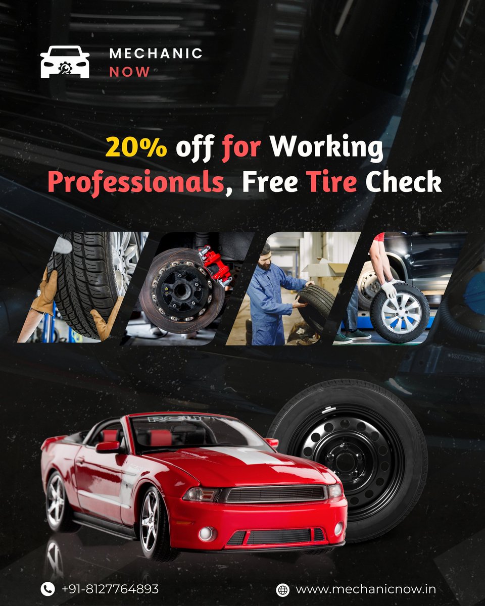 mechanic_now's tweet image. Working professionals, this one’s for you!

Get 20% OFF on car services and enjoy a Free Tire Check to keep your ride smooth and safe.
Drive smart. Save big.

Book now at mechanicnow.in or call +91-8127764893

#MechanicNow #CarCareDeals #TireCheck #WorkingProfessionals
