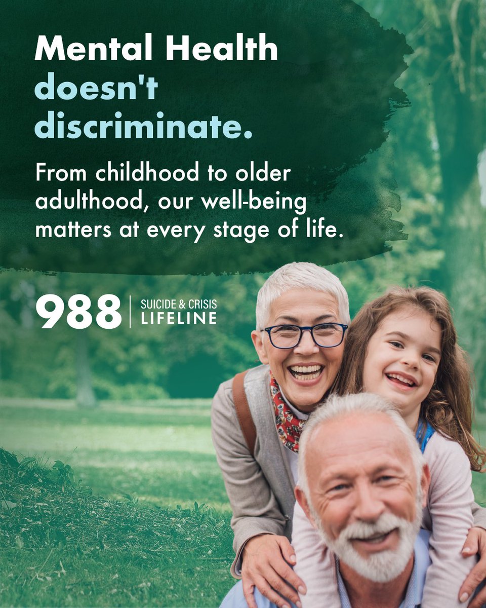 #MentalHealthAwarenessMonth is a reminder that #mentalhealth doesn't discriminate. From childhood to older adulthood, our well-being matters at every stage of life. 💚 

If you need someone to talk to, we're here for you 24/7. Text or call 988. 988lifeline.org #MHAM