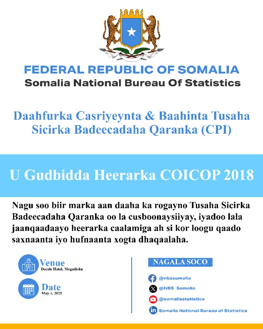 NBS_Somalia's tweet image. Big news! Somalia National Bureau of Statistics is set to unveil modernized National Consumer Price Index on May 4th at Decale Hotel, Mogadishu. A new chapter in data transparency & economic insight begins! #CPI #DataForDevelopment @AbdisalamHumbul @abdirahm_omar