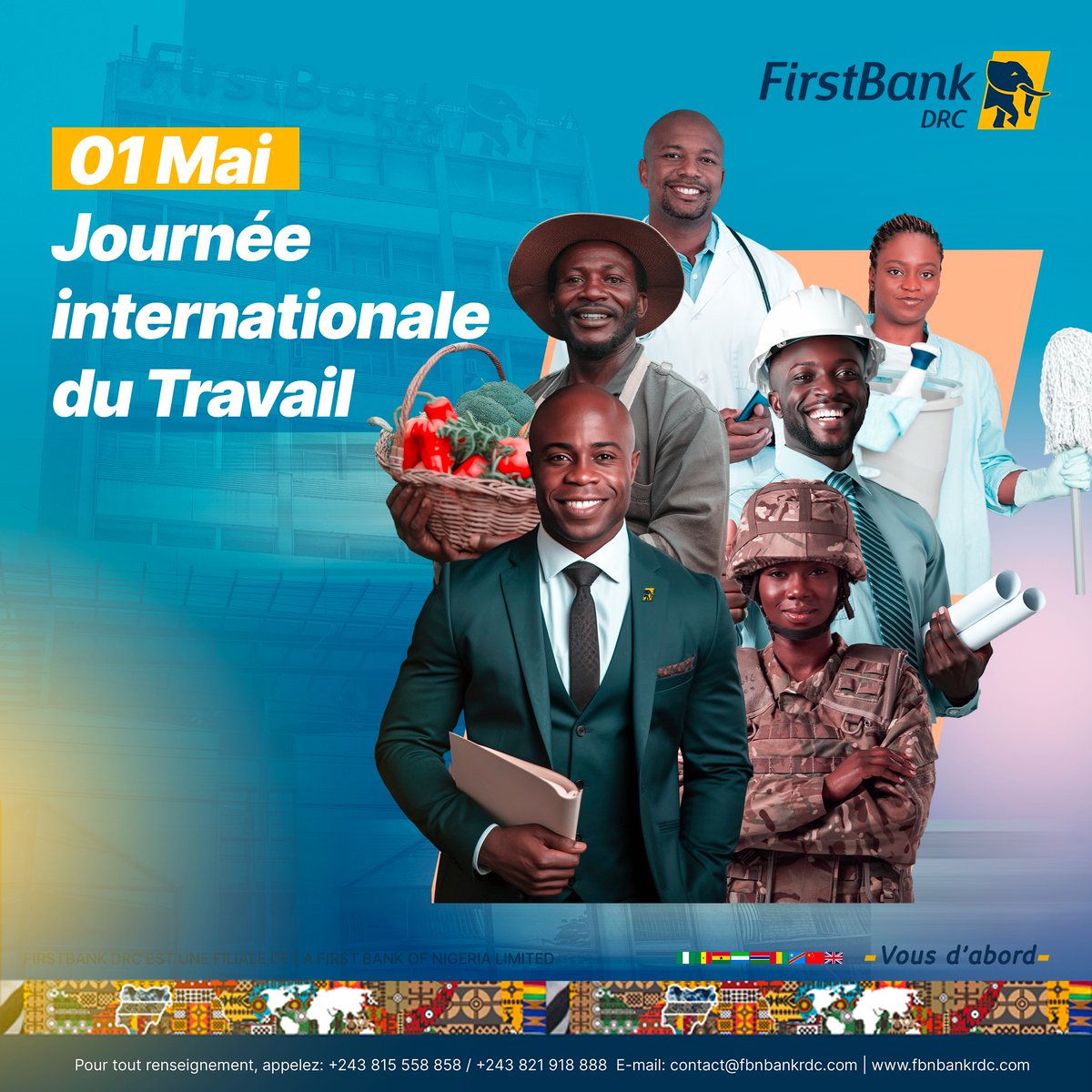 FirstBankDRC's tweet photo. Ă lâoccasion de la JournĂ©e Internationale du Travail, FirstBank DRC salue lâengagement et la rĂ©silience de toutes les forces vives.
đEnsemble, construisons un avenir meilleur. Vous dâabord.
#1erMai #Travail #Engagement #VousDAbord #FirstBankDRC #RDC https://t.co/6spXyn74iK