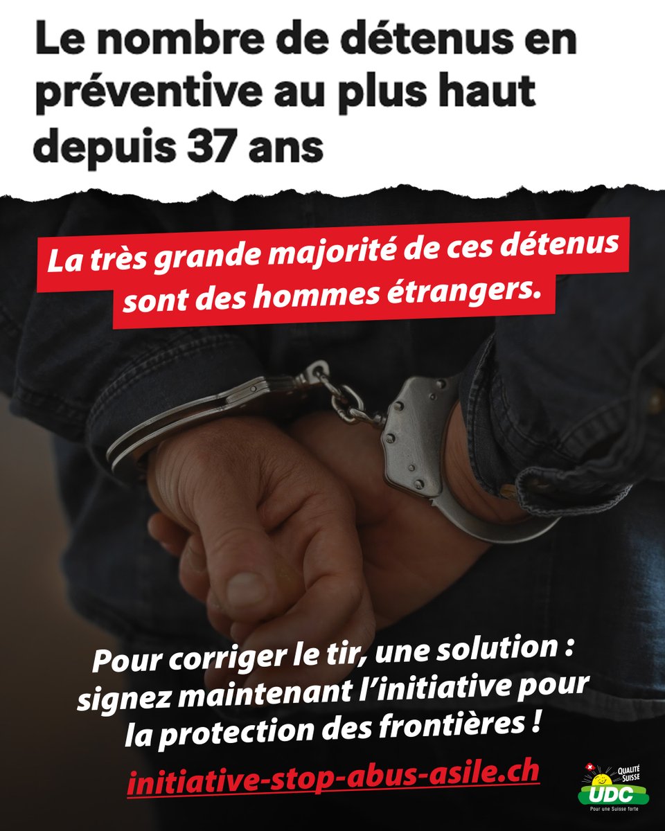 UDCch's tweet photo. Depuis 37 ans, la Suisse n’a jamais compté autant de personnes en détention préventive. La très grande majorité de ces détenus sont des hommes étrangers.

Signez maintenant l’initiative pour la protection des frontières ! ✍🏼 https://t.co/yRZZ4SCWHg https://t.co/KD4fUI7yci