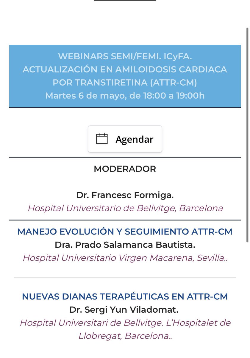 Iria_RO (@iria_ro) on Twitter photo 📢No olvides
✅ inscribirte: intranet.pacifico-meetings.com/GescoWeb/?cfg=…
❤️🩹 webinar de actualización en ATTR-CM
🗓️ martes 6 de mayo
🕒18.00-19.00h
<a href="/IcyfaSemi/">@ICyFA-SEMI</a> <a href="/Sociedad_SEMI/">Sociedad Española de Medicina Interna (SEMI)</a> <a href="/ResidentesSEMI/">Residentes y Jóvenes Internistas de la SEMI</a> <a href="/UMIPIC/">UMIPIC</a> <a href="/jopesilver/">José Pérez Silvestre</a> <a href="/chemachir/">Chema Fernandez</a> <a href="/FormigaFrancesc/">Francesc Formiga🐜</a> <a href="/RalQuirsLpez1/">Raúl Quirós López</a> @sergiyun 📢No olvides
✅ inscribirte: intranet.pacifico-meetings.com/GescoWeb/?cfg=…
❤️🩹 webinar de actualización en ATTR-CM
🗓️ martes 6 de mayo
🕒18.00-19.00h
<a href="/IcyfaSemi/">@ICyFA-SEMI</a> <a href="/Sociedad_SEMI/">Sociedad Española de Medicina Interna (SEMI)</a> <a href="/ResidentesSEMI/">Residentes y Jóvenes Internistas de la SEMI</a> <a href="/UMIPIC/">UMIPIC</a> <a href="/jopesilver/">José Pérez Silvestre</a> <a href="/chemachir/">Chema Fernandez</a> <a href="/FormigaFrancesc/">Francesc Formiga🐜</a> <a href="/RalQuirsLpez1/">Raúl Quirós López</a> @sergiyun