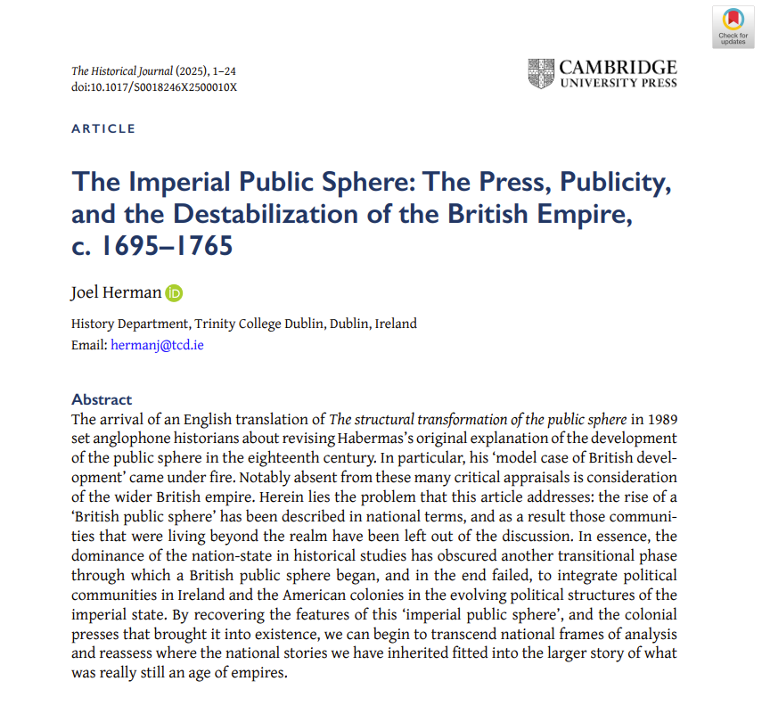 The Historical Journal (@historicaljnl) on Twitter photo 📣Out now on #firstview
Joel Herman (<a href="/joel__herman/">Joel Herman</a>) (<a href="/tcddublin/">Trinity College Dublin</a>) on 'The Imperial Public Sphere: The Press, Publicity, and the Destabilization of the British Empire, c. 1695–1765'
#Britain #Imperial #Colonial 17thc 18thc 🗃️☕
👉Read open access: cambridge.org/core/journals/… 📣Out now on #firstview
Joel Herman (<a href="/joel__herman/">Joel Herman</a>) (<a href="/tcddublin/">Trinity College Dublin</a>) on 'The Imperial Public Sphere: The Press, Publicity, and the Destabilization of the British Empire, c. 1695–1765'
#Britain #Imperial #Colonial 17thc 18thc 🗃️☕
👉Read open access: cambridge.org/core/journals/…