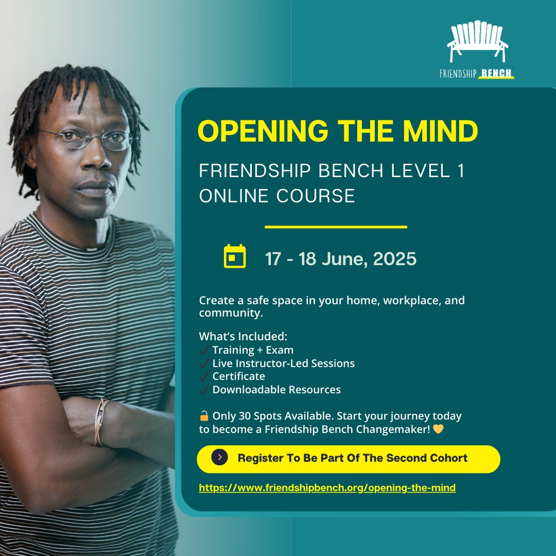 Friendship Bench (@friendshipbench) on Twitter photo Want to help create safe spaces for mental wellbeing in your community?
Gain insights from our founder, Dr. <a href="/DixonChibanda/">Dixon Chibanda</a>, whose work is transforming mental health support in communities globally.
Only 30 spots available!
📌 Register here: friendshipbench.org/opening-the-mi… Want to help create safe spaces for mental wellbeing in your community?
Gain insights from our founder, Dr. <a href="/DixonChibanda/">Dixon Chibanda</a>, whose work is transforming mental health support in communities globally.
Only 30 spots available!
📌 Register here: friendshipbench.org/opening-the-mi…