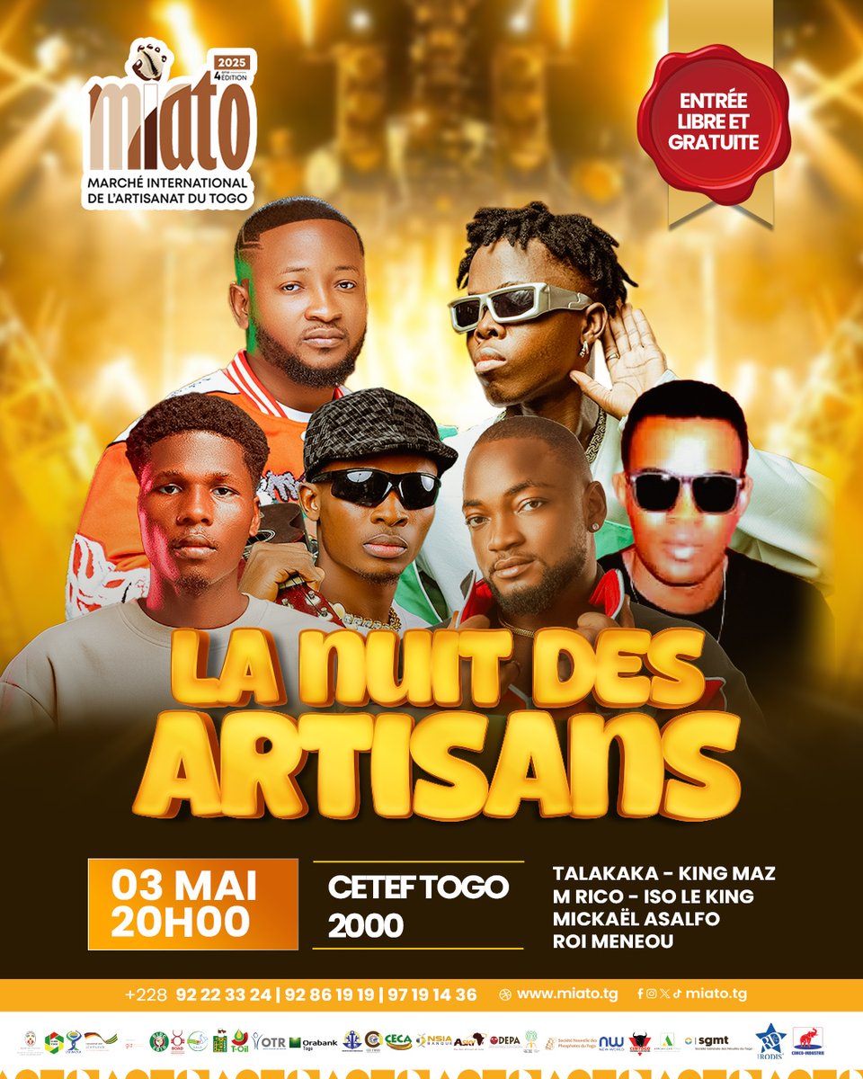 🎶 Le samedi 3 mai, vivez la Nuit des Artisans en grand au MIATO 2025 ! 🎉
📅 Vendredi 3 mai
🕖 À partir de 19h
📍 CETEF – TOGO 2000