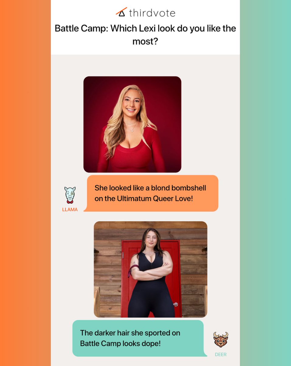Thirdvote's tweet image. Battle Camp: Which Lexi look do you like the most? 

Join the debate 👇 
thirdvote-prod.web.app/cases/19fd8c90…

#BattleCamp
#battlecampnetflix #realitytv #realityshow #netflixtv