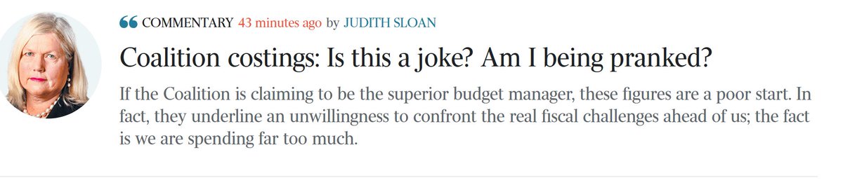 n720ute's tweet photo. Here's Judith Sloan one of the most right-wing commentators in the Australian today...
They're eating their own.. knowing #DodgyDutton and his "team" are a lazy bunch of clowns..
LNP = no integrity, no vision, no policies, no idea
#auspol https://t.co/kXGVYAsJGe