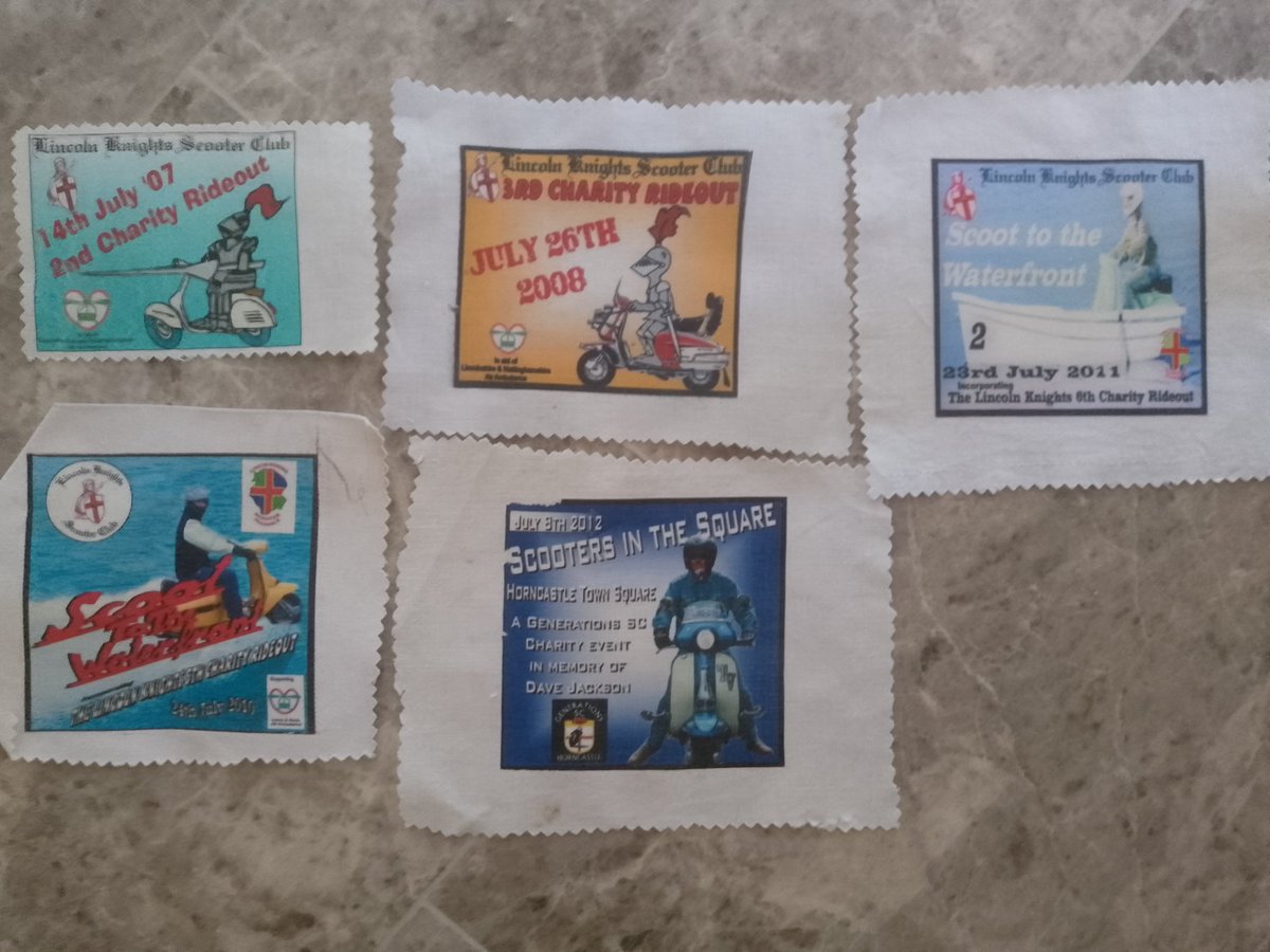 Found quite a few of my old Scooter Rally souveniers yesterday. Some dating back to the early 80s. Paddy Smiths included.
Some of these I designed and printed myself for local events.
Some of the Lincoln Knights embroidered ones were samples and never went into production