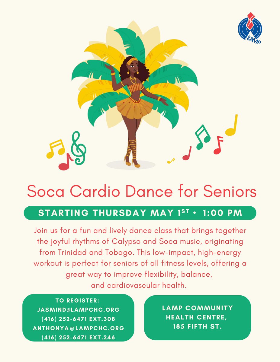 Soca dance, Time to get ready for Caribana, Starting Today, May 1st at 1:00 PM, this fun and lively dance class blends the joyful rhythms of Calypso and Soca. Perfect for all fitness levels!