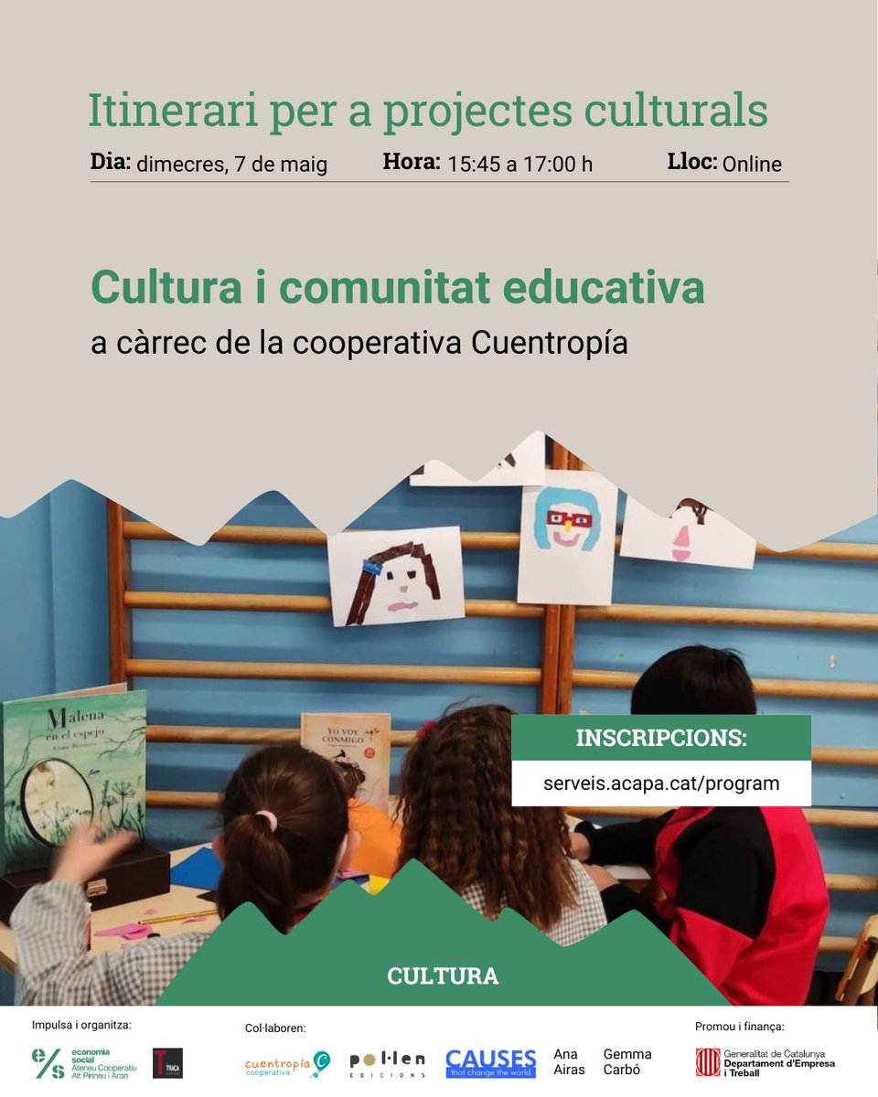 📣Ets una cooperativa de l'àmbit cultural? T'interessa el món educatiu i com utilitzar la cultura com a eina transformadora? Aquesta sessió és per a tu!
 
📆 07/05
🕐15.45h a 17h
📍 Online 
 
Inscripcions a: serveis.acapa.cat/program/itiner…