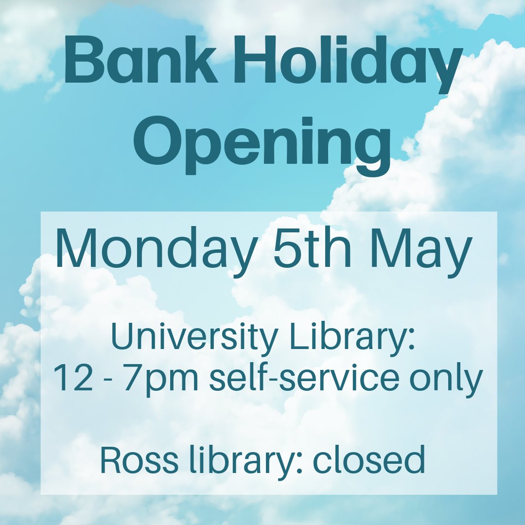 Bank Holiday Monday: 5th May

The University Library is open 12- 7pm Self- service only
The Ross Library remains closed

Normal hours resume from the 6th, check our website for more opening times &gt; 
guides.library.lincoln.ac.uk/about/opening-…