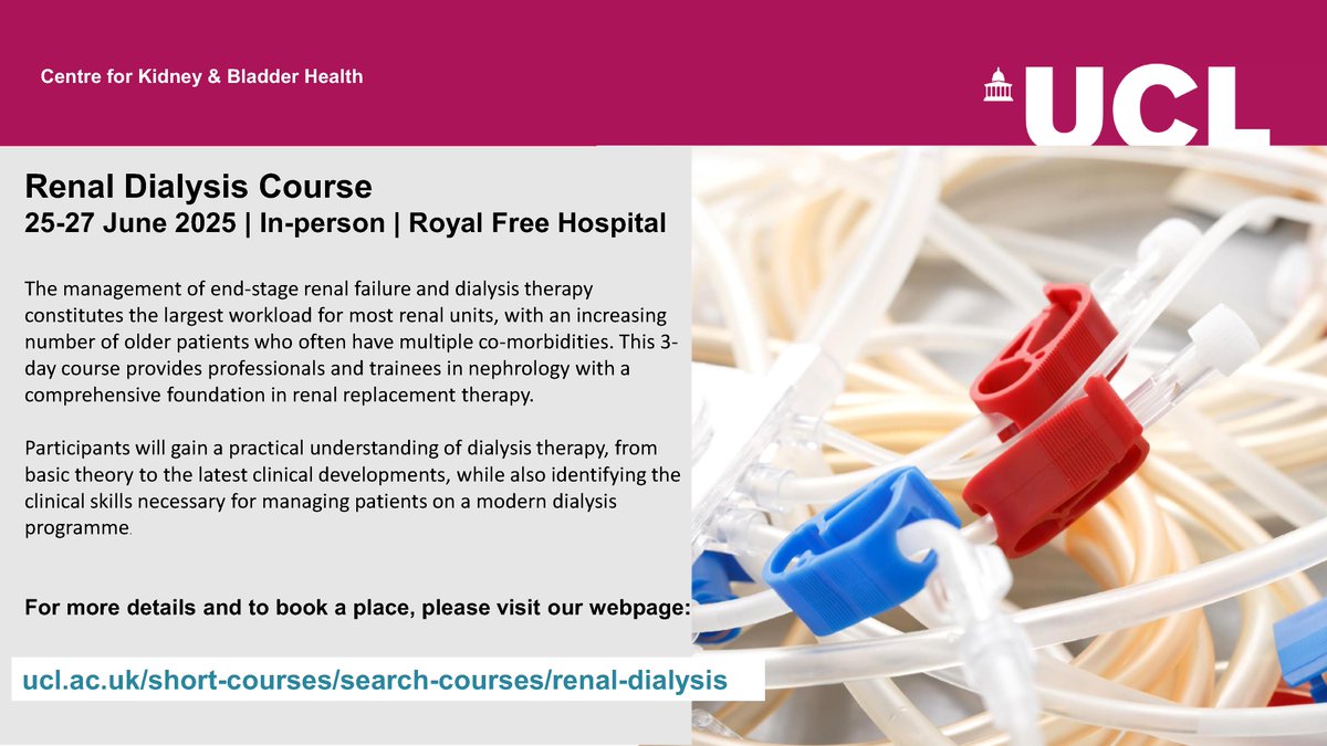 📢 Places still available for our Renal Dialysis Course!
📅25–27 June 2025
 📍Royal Free Hospital, London
Designed for nephrology professionals &amp; trainees—covering core dialysis theory and the latest clinical advances.
👉 Book now:G92 Renal Dialysis Course 2025 | UCL Online Store